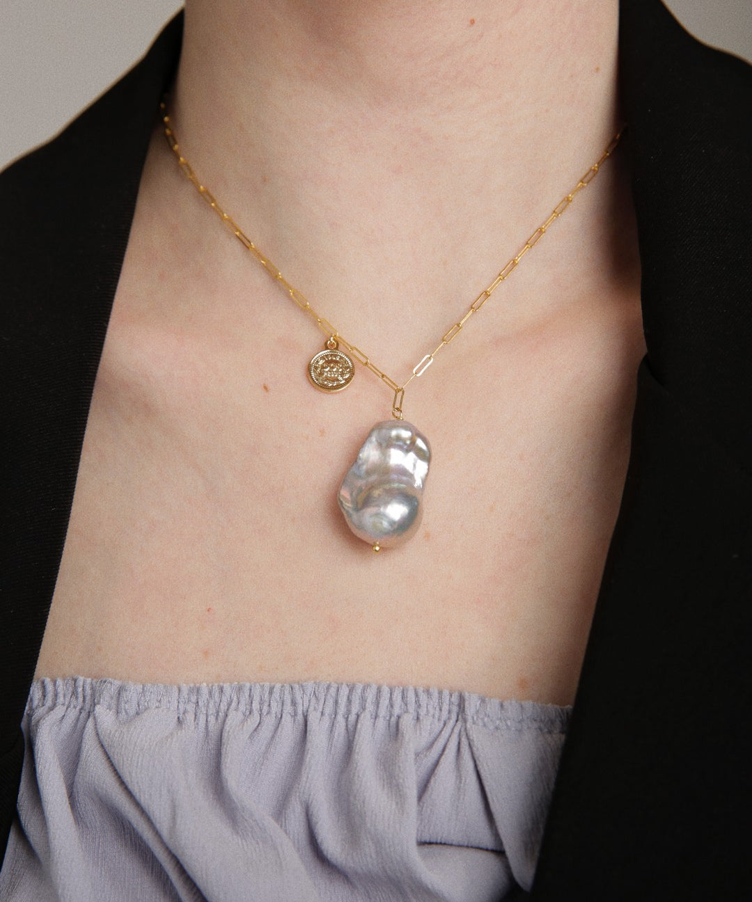 Grey Baroque Pendant Chain Pearl Necklace gembea jewelry