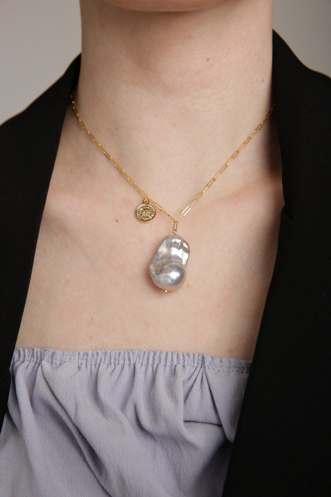 Grey Baroque Pendant Chain Pearl Necklace gembea jewelry