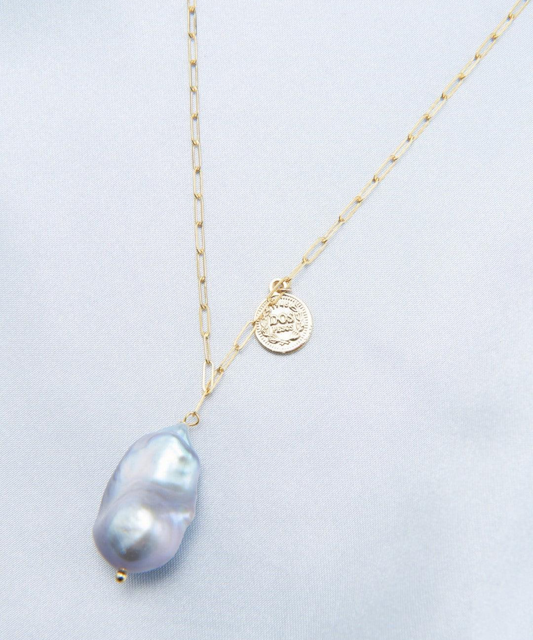 Grey Baroque Pendant Chain Pearl Necklace - Gembea Jewelry