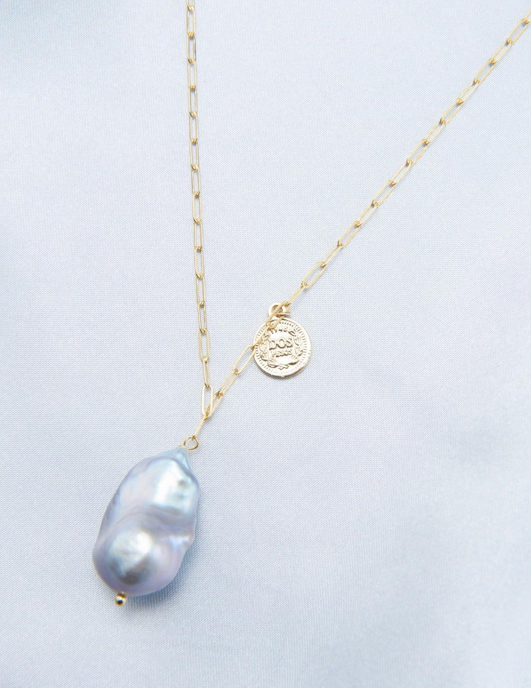 Grey Baroque Pendant Chain Pearl Necklace - Gembea Jewelry