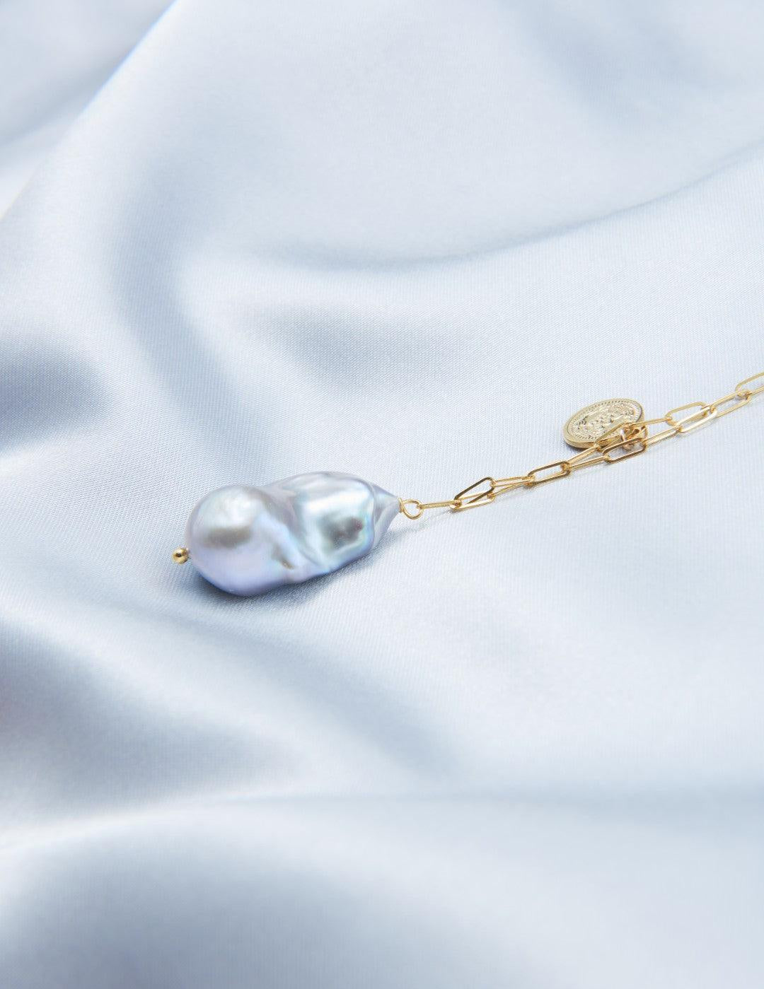 Grey Baroque Pendant Chain Pearl Necklace - Gembea Jewelry