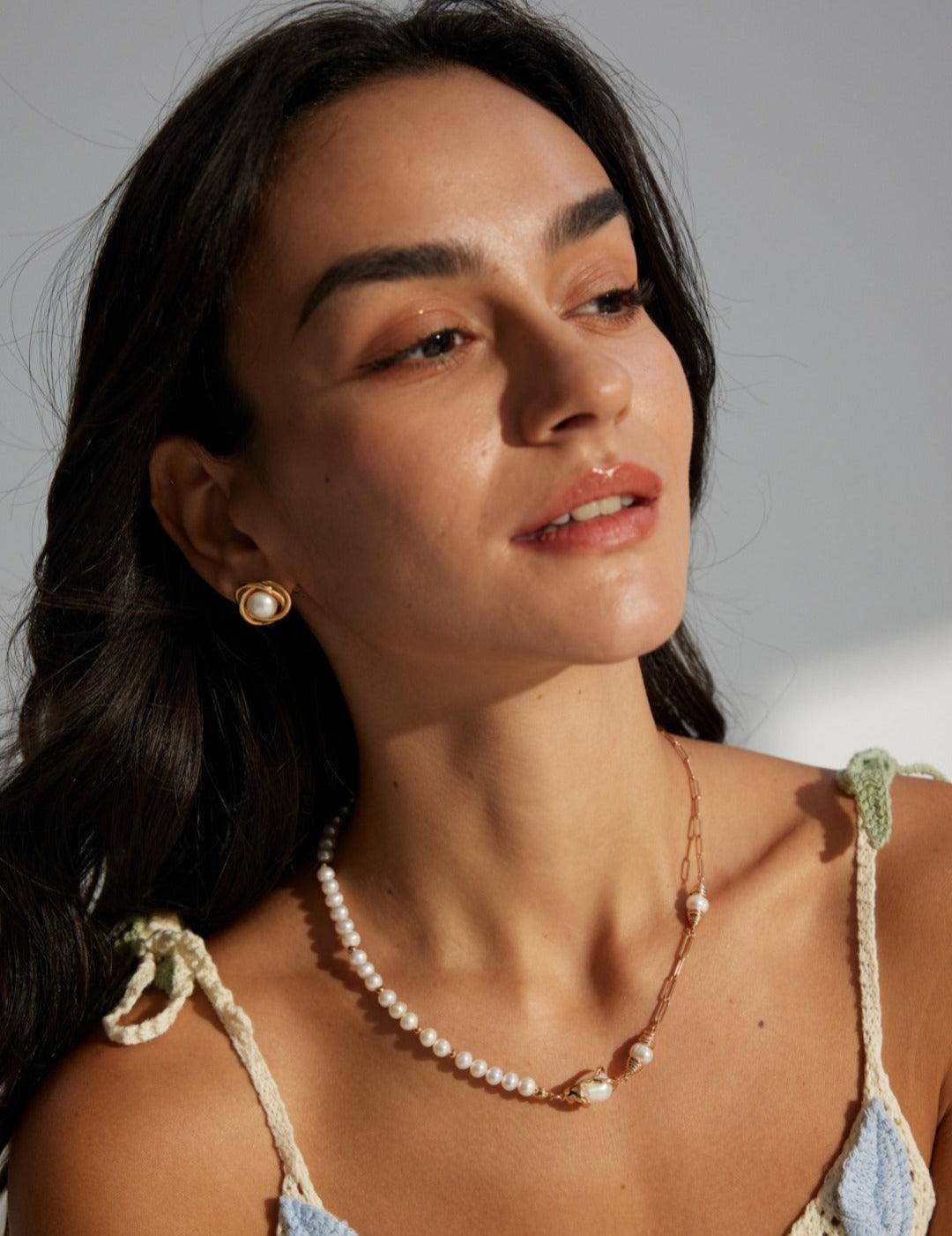 Half Circle 18K Gold Chain and Pearl Necklace - Gembea Jewelry