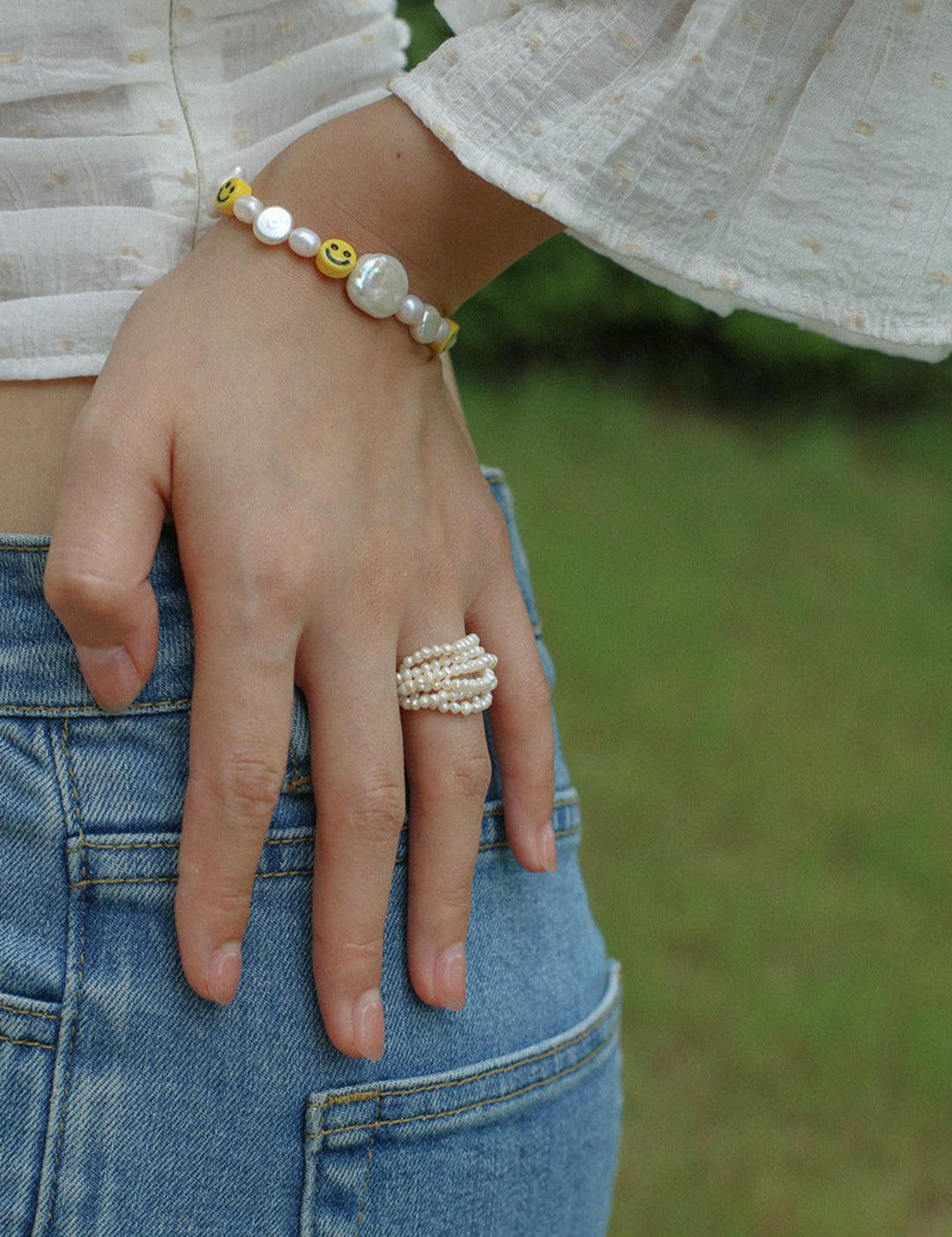 Hand-woven Multi-layer Small Rice Pearl Ring - Gembea Jewelry