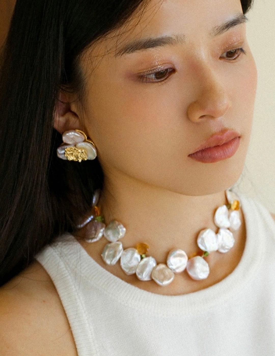 Handmade Earrings with Baroque Pearl Petals - Gembea Jewelry