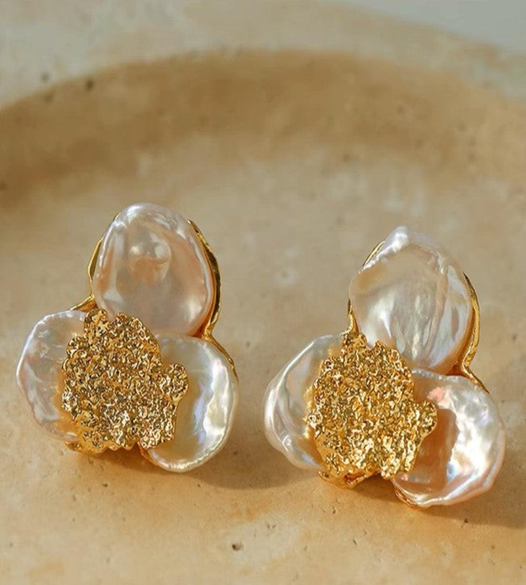 Handmade Earrings with Baroque Pearl Petals - Gembea Jewelry