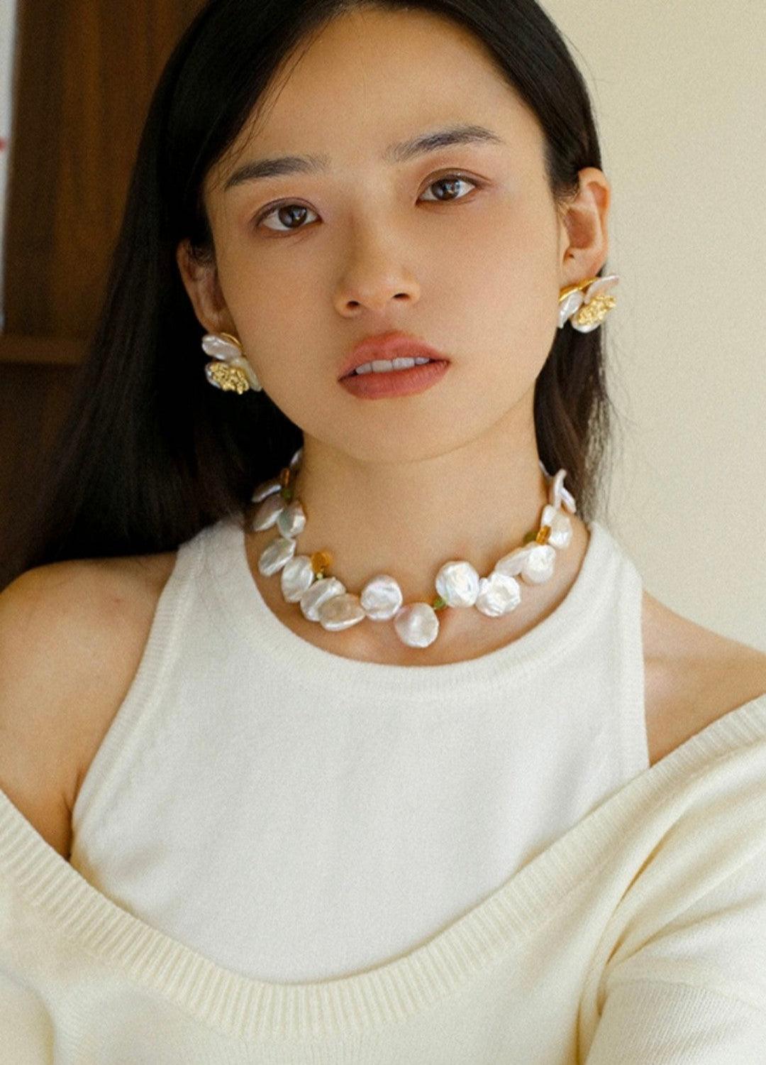 Handmade Earrings with Baroque Pearl Petals - Gembea Jewelry