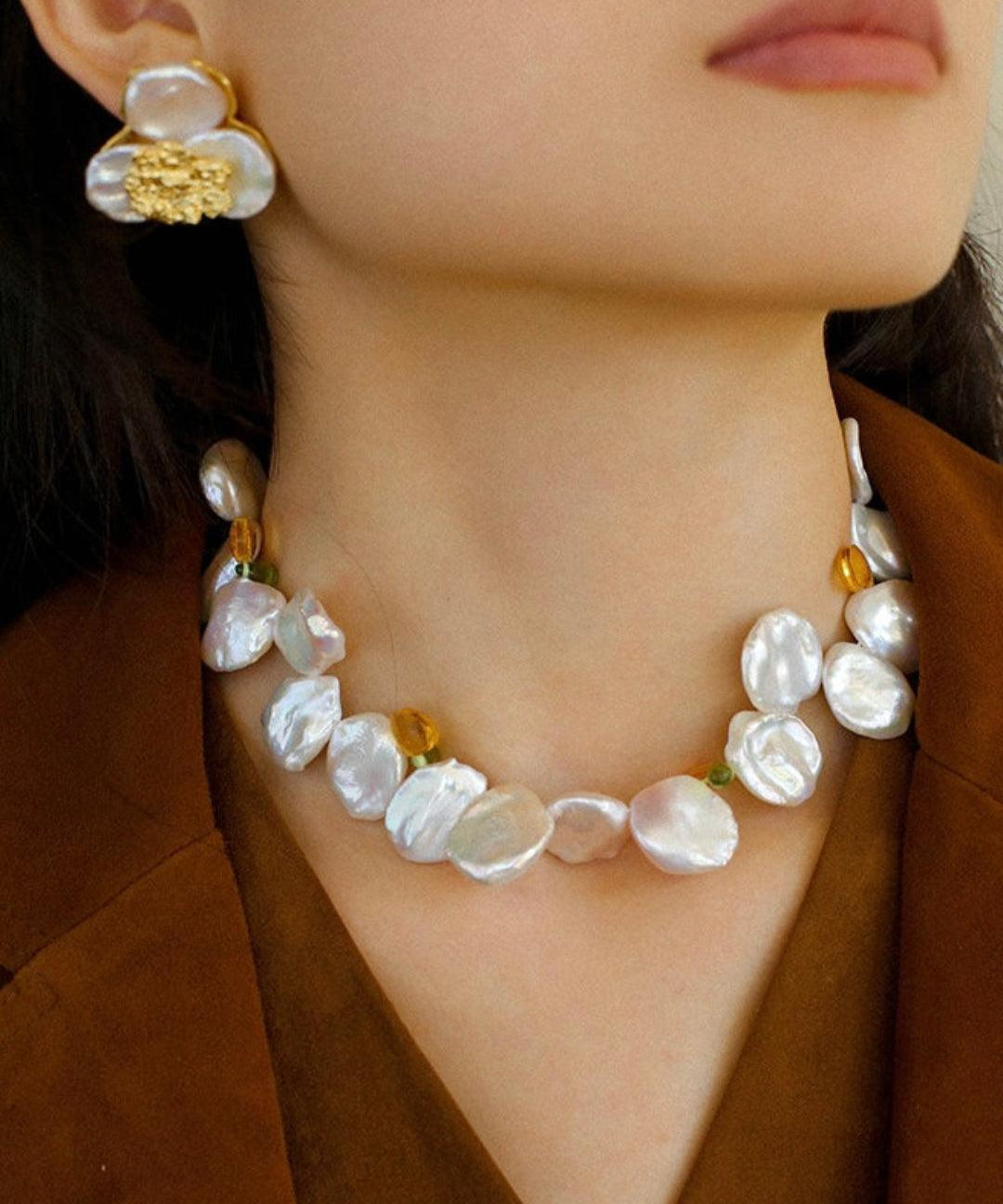 Handmade Earrings with Baroque Pearl Petals - Gembea Jewelry