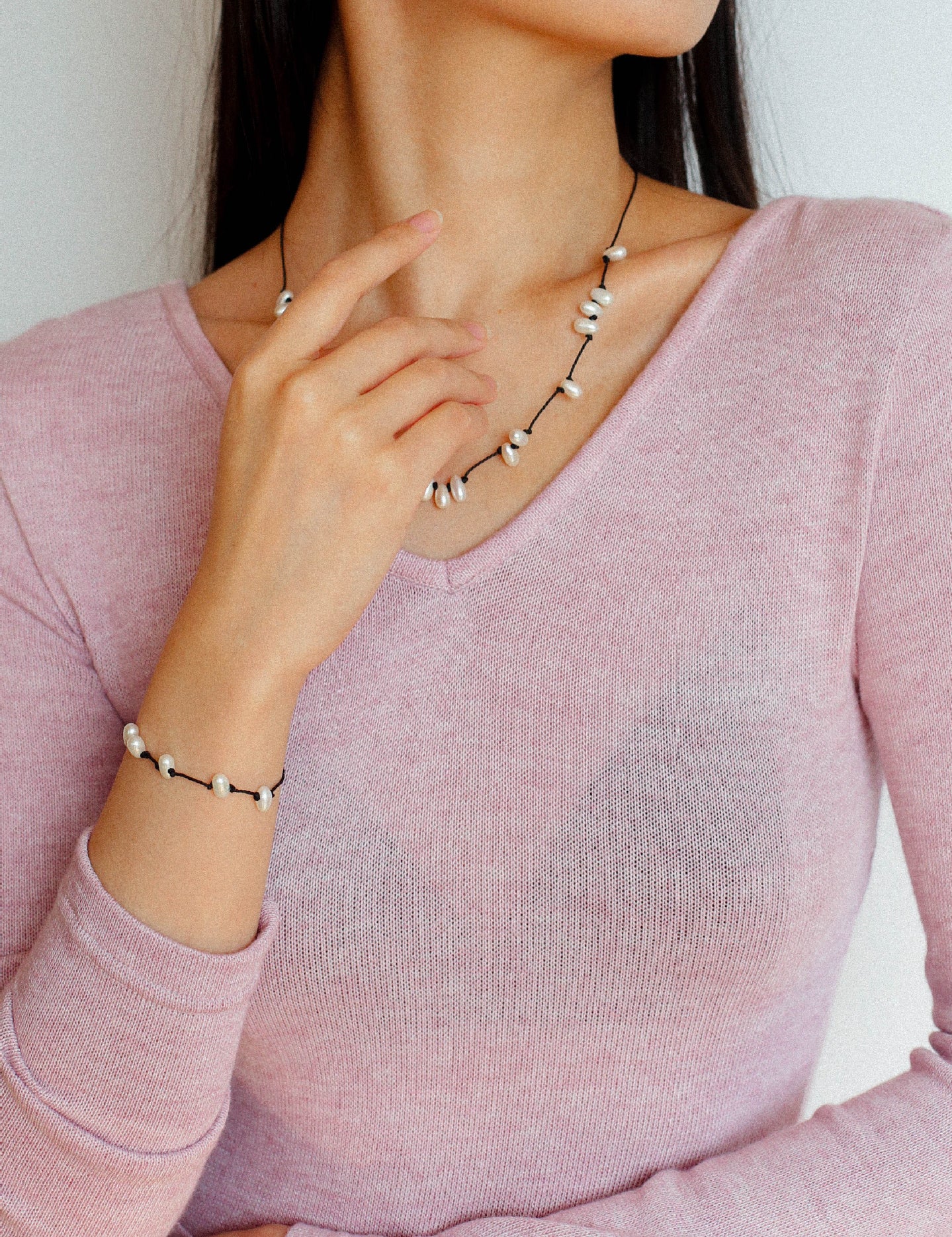 Handmade Black Rope Knotted Pearl Bracelet-Gembea Jewelry