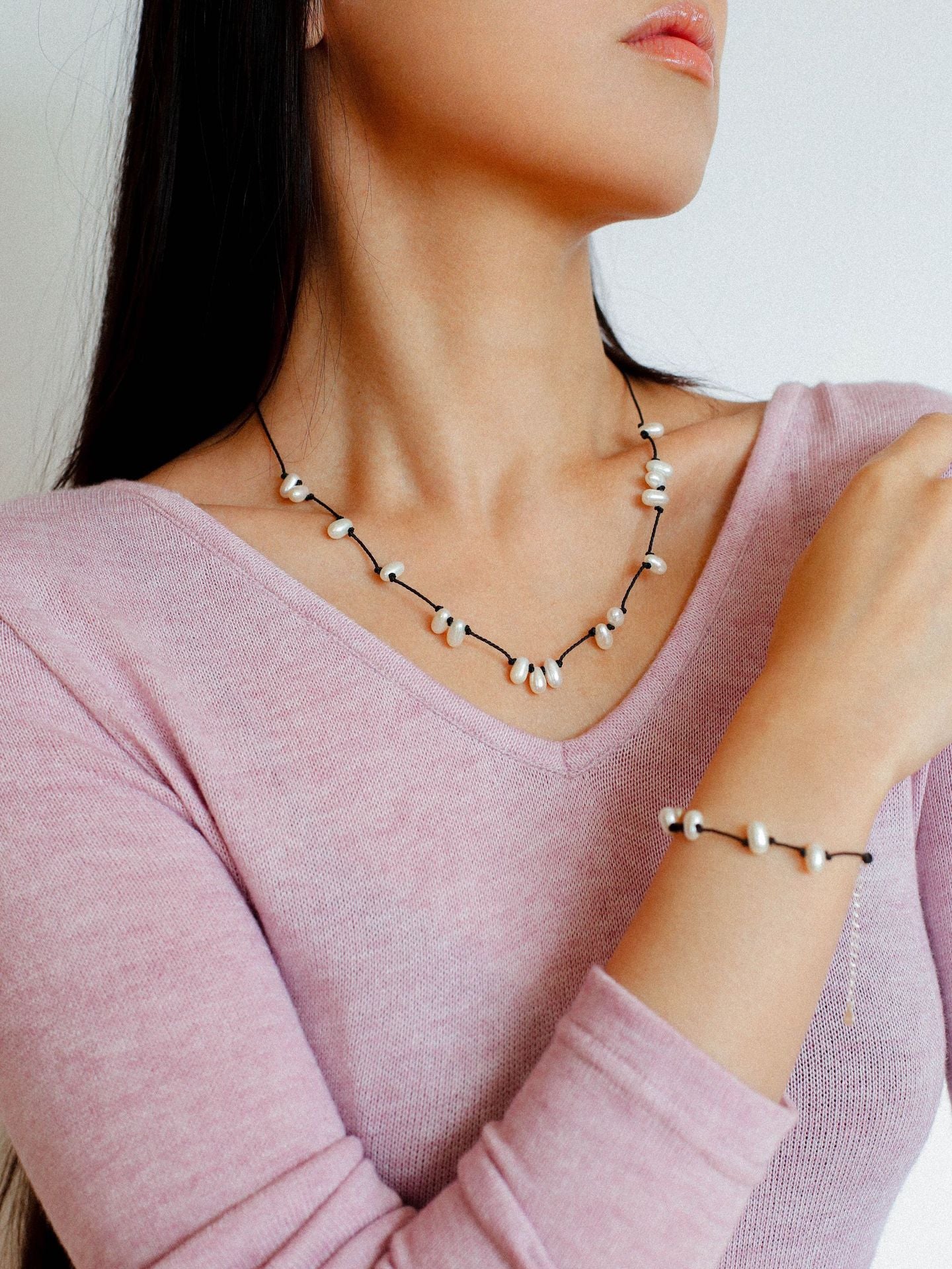 Handmade Black Rope Knotted Pearl Bracelet-Gembea Jewelry