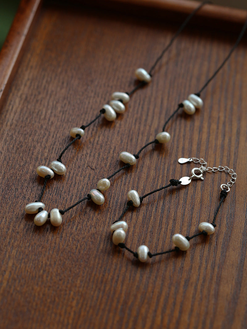 Handmade Black Rope Knotted Pearl Bracelet-Gembea Jewelry