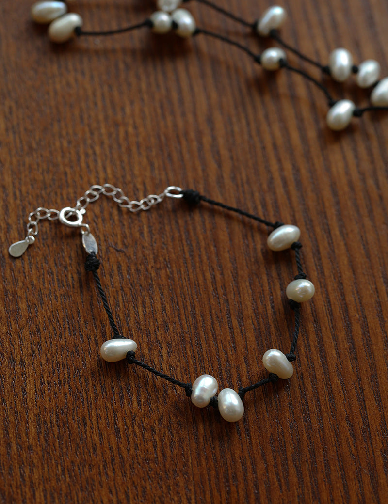 Handmade Black Rope Knotted Pearl Bracelet-Gembea Jewelry