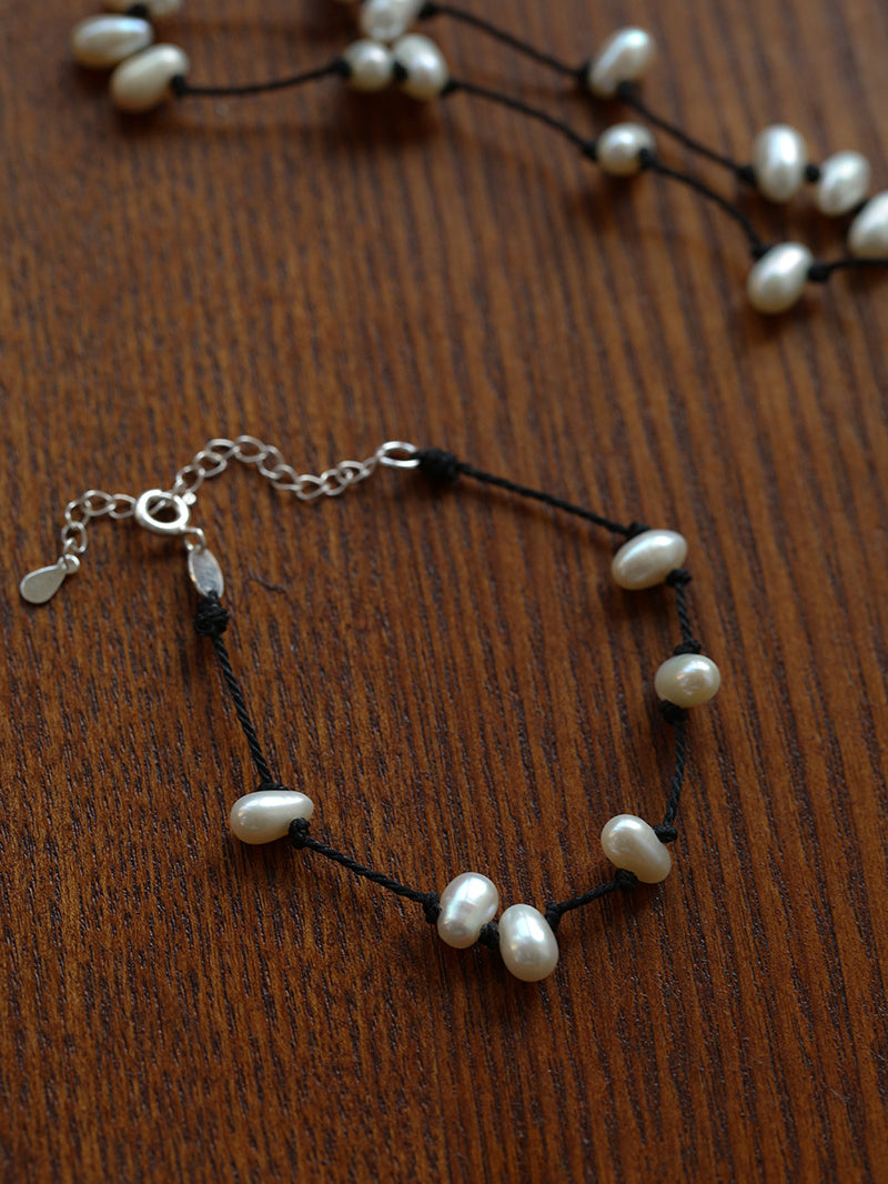 Handmade Black Rope Knotted Pearl Bracelet-Gembea Jewelry