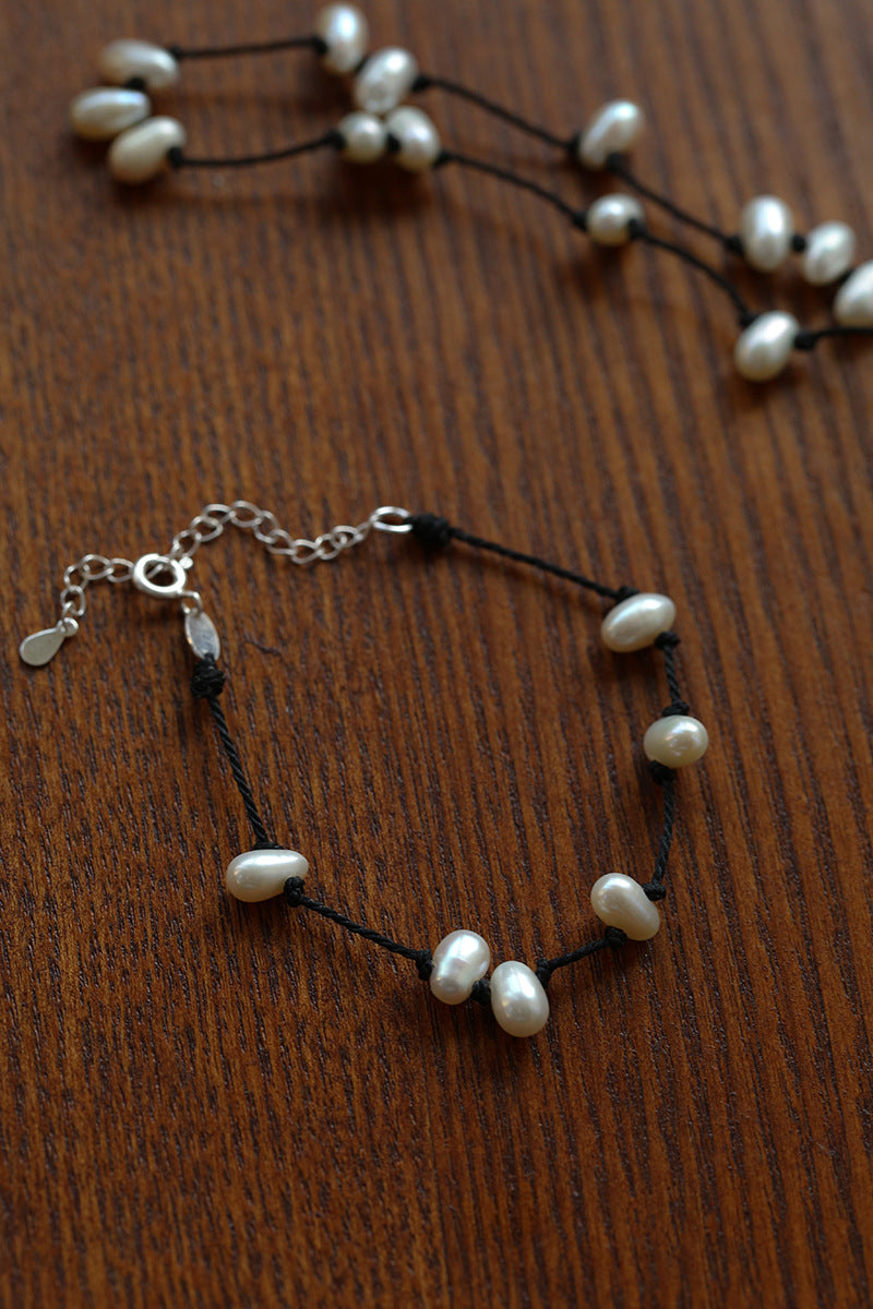 Handmade Black Rope Knotted Pearl Bracelet-Gembea Jewelry