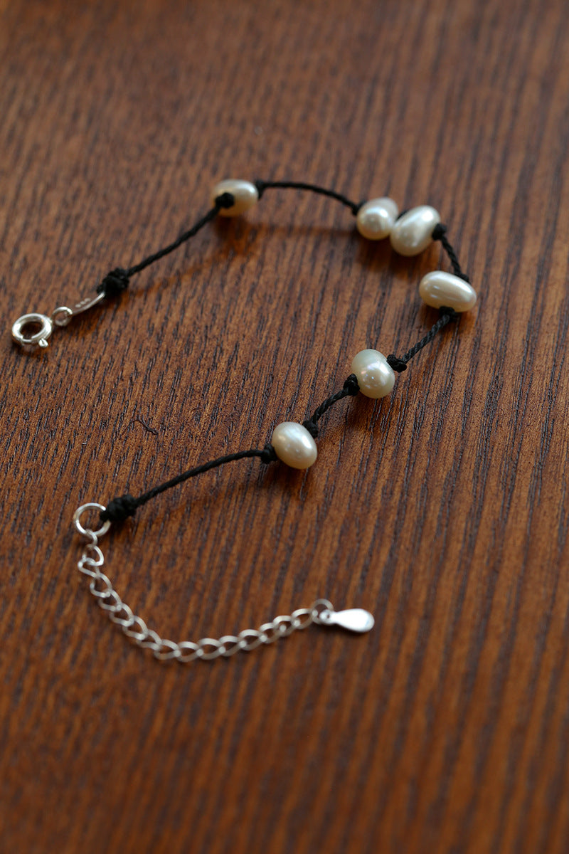 Handmade Black Rope Knotted Pearl Bracelet-Gembea Jewelry