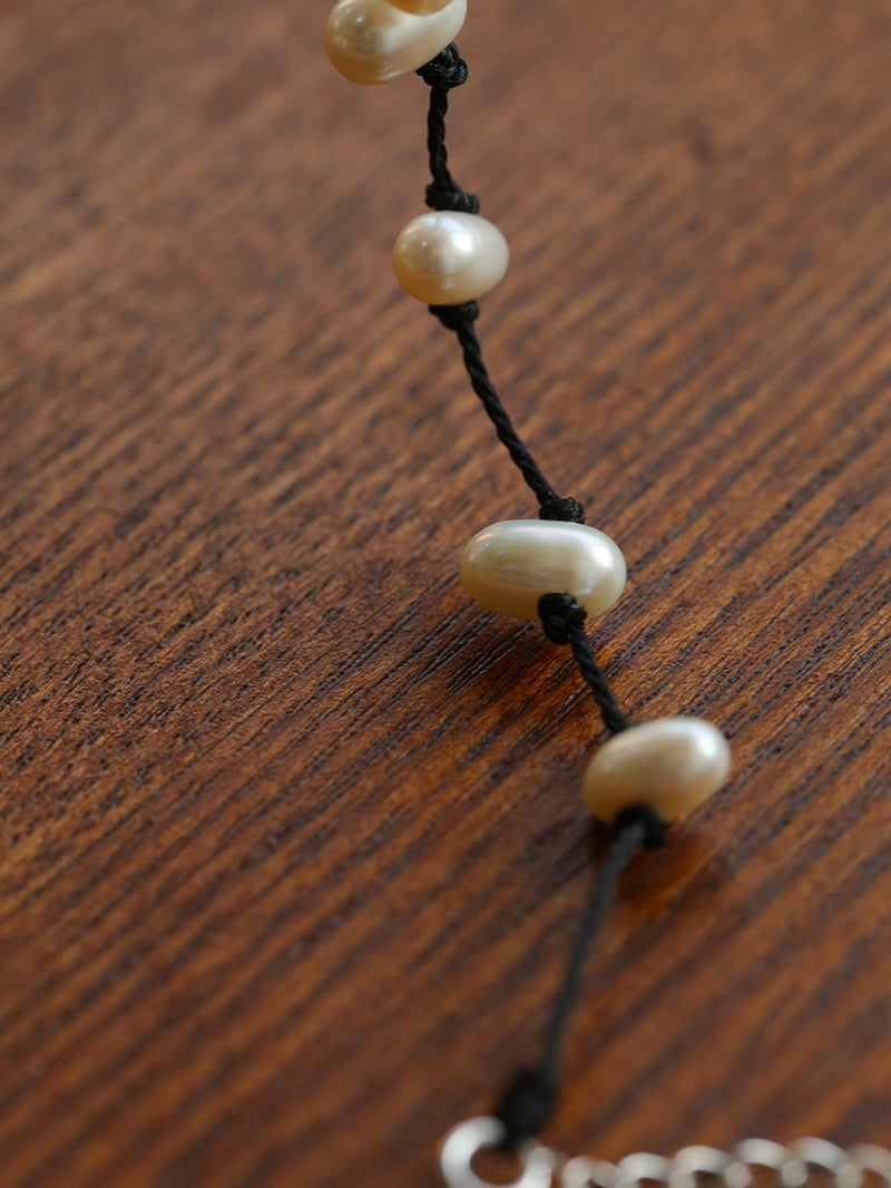 Handmade Black Rope Knotted Pearl Bracelet-Gembea Jewelry
