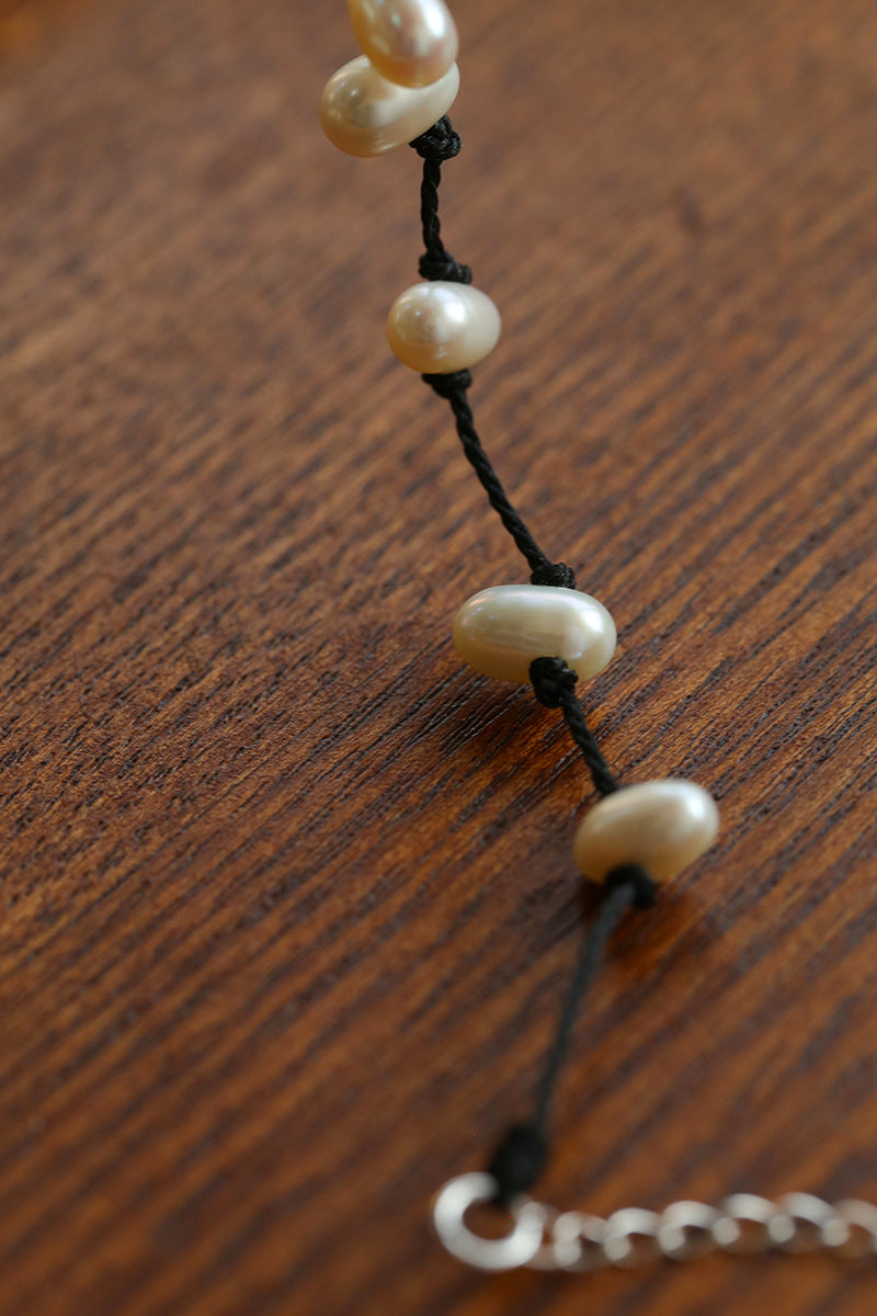 Handmade Black Rope Knotted Pearl Bracelet-Gembea Jewelry