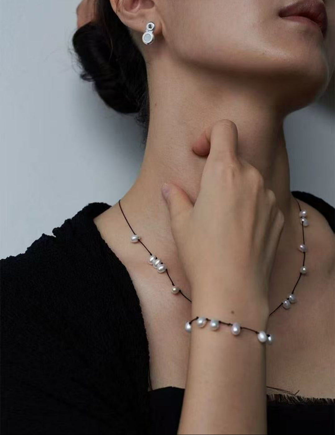 Handmade Black Rope Knotted Pearl Bracelet-Gembea Jewelry