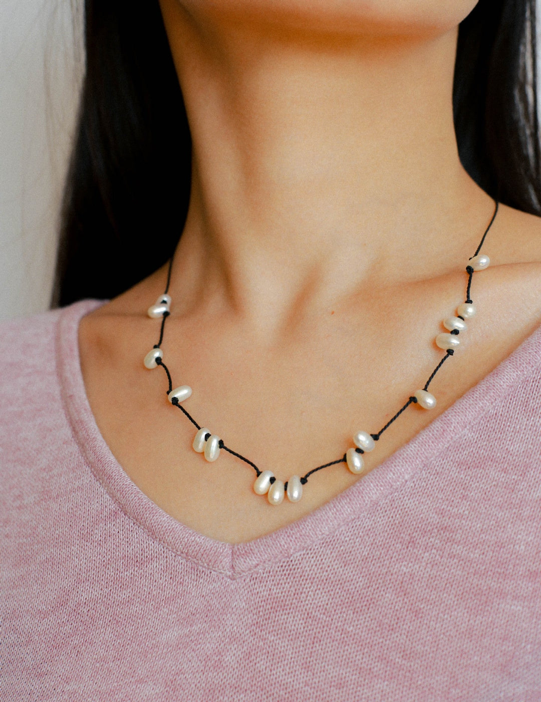 Handmade Black Rope Knotted Pearl Necklace-Gembea Jewelry