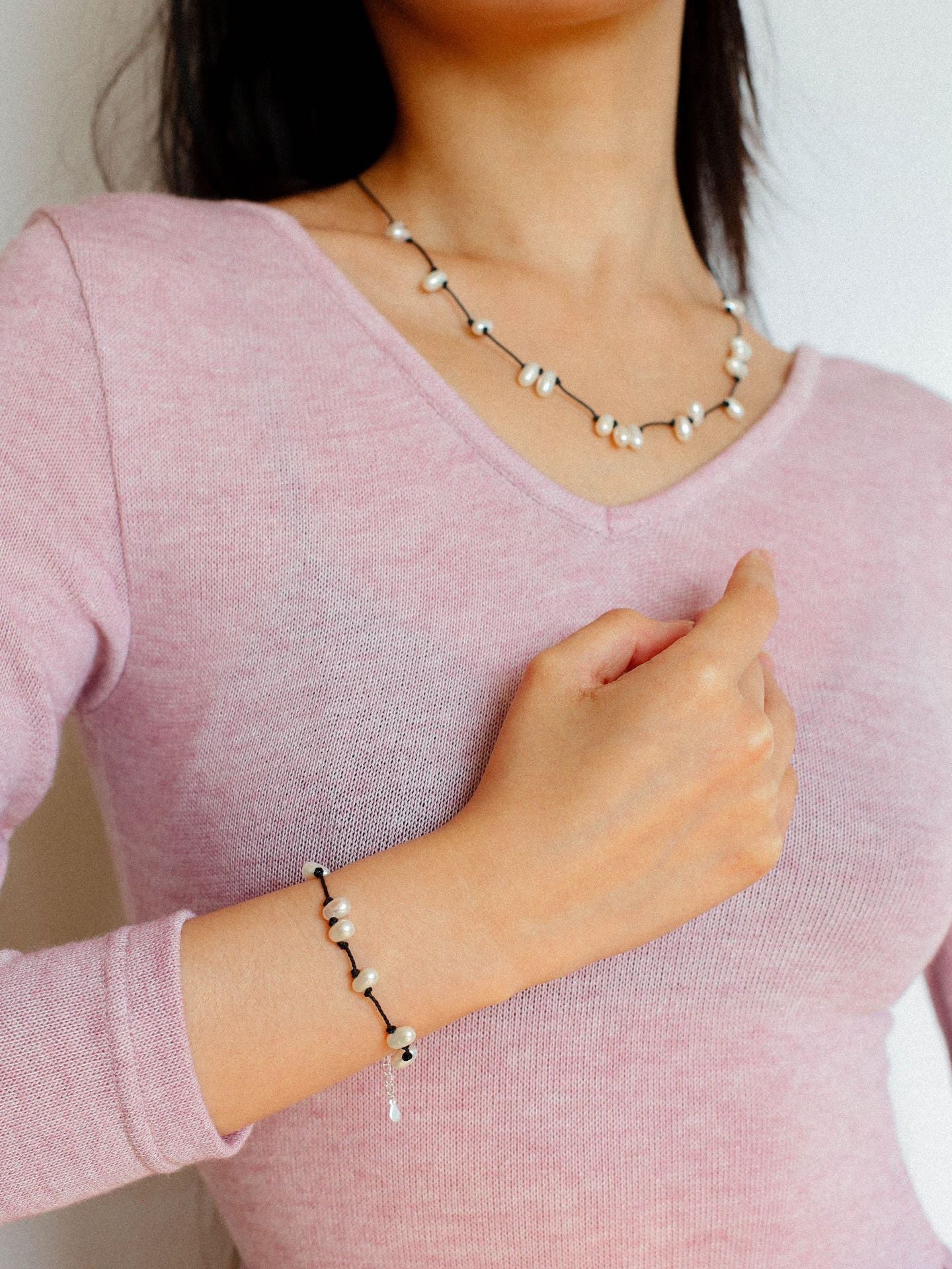 Handmade Black Rope Knotted Pearl Necklace-Gembea Jewelry