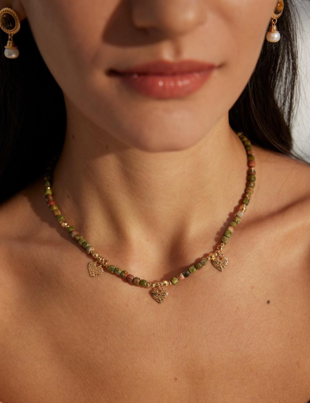 Heart-shaped Pendant Shoushan Stone Beaded Necklace - Gembea Jewelry