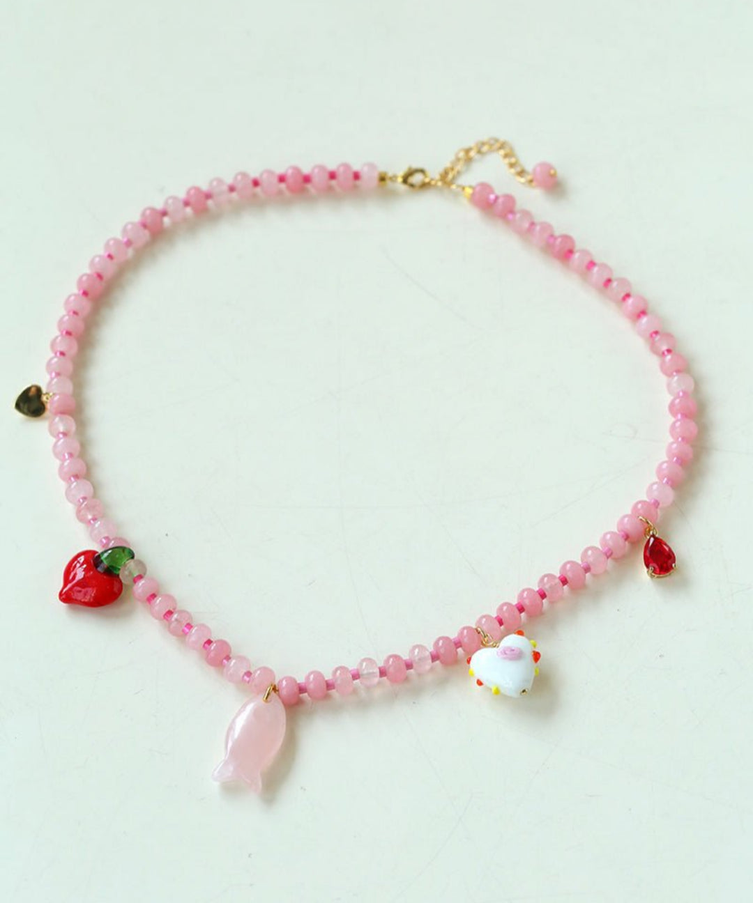 Heart Fish Pendant Pink Stone Beaded Necklace gembea jewelry