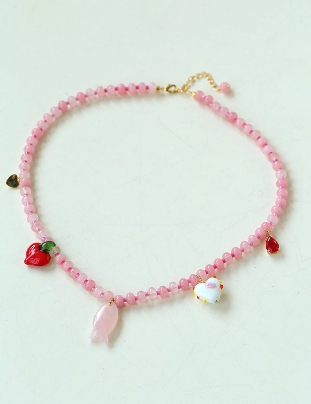 Heart Fish Pendant Pink Stone Beaded Necklace gembea jewelry