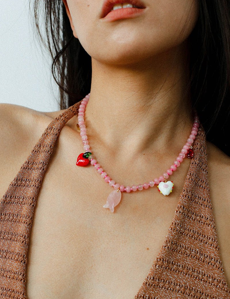 Heart Fish Pendant Pink Stone Beaded Necklace gembea jewelry