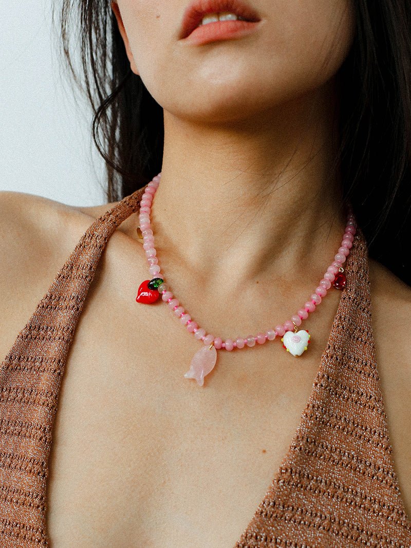 Heart Fish Pendant Pink Stone Beaded Necklace gembea jewelry