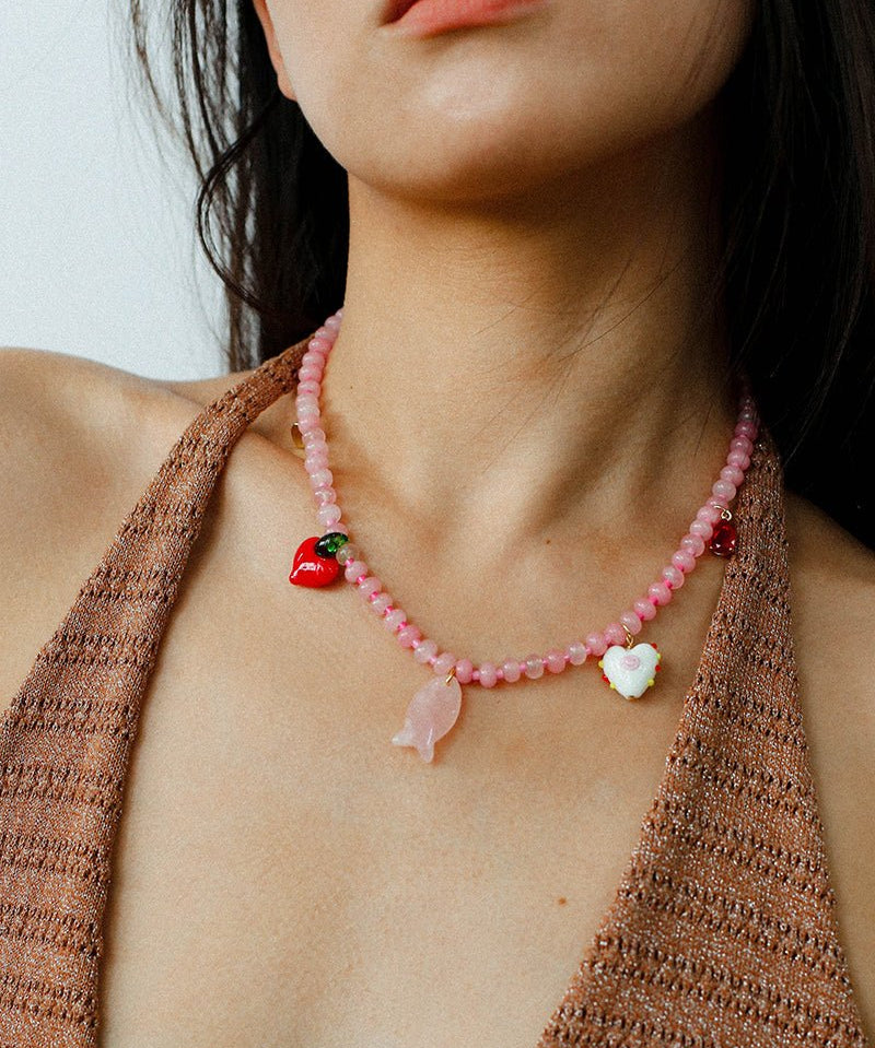 Heart Fish Pendant Pink Stone Beaded Necklace gembea jewelry