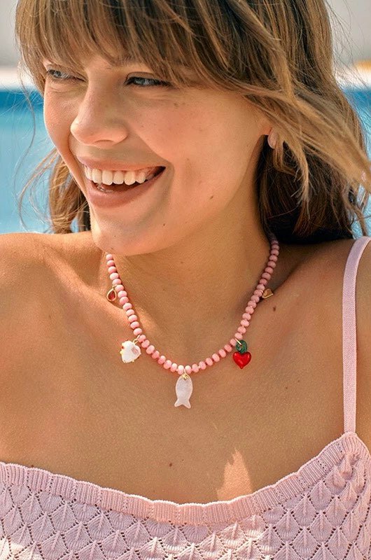 Heart Fish Pendant Pink Stone Beaded Necklace gembea jewelry