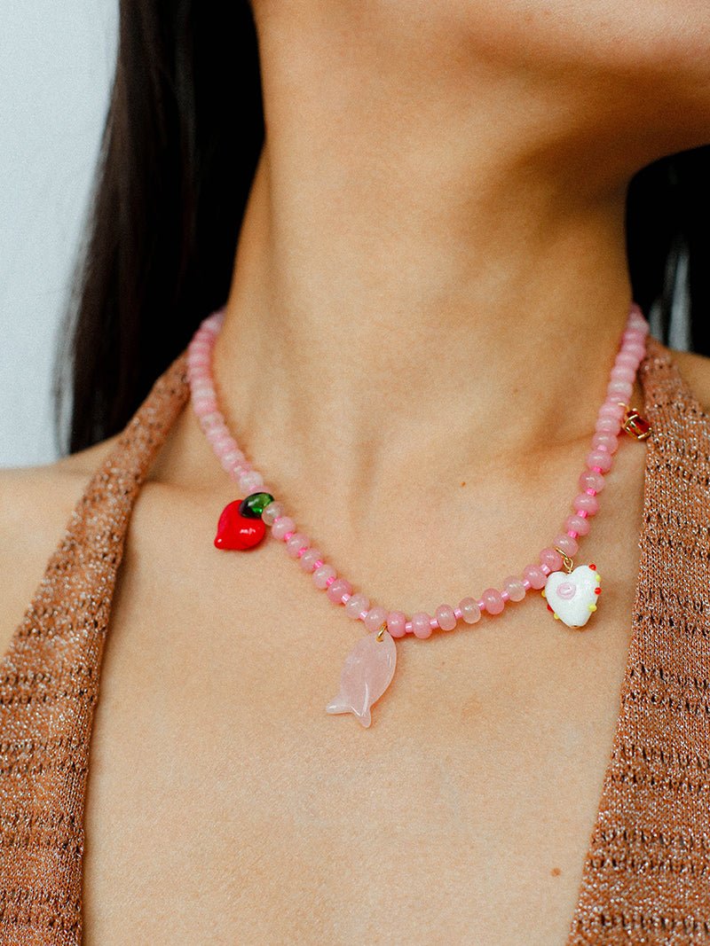 Heart Fish Pendant Pink Stone Beaded Necklace gembea jewelry
