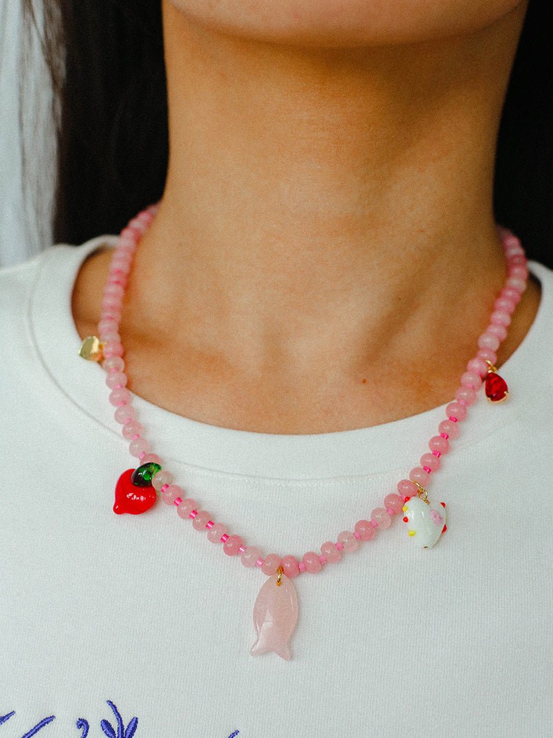 Heart Fish Pendant Pink Stone Beaded Necklace gembea jewelry