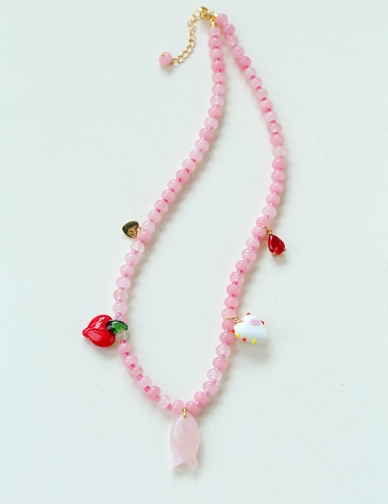 Heart Fish Pendant Pink Stone Beaded Necklace gembea jewelry