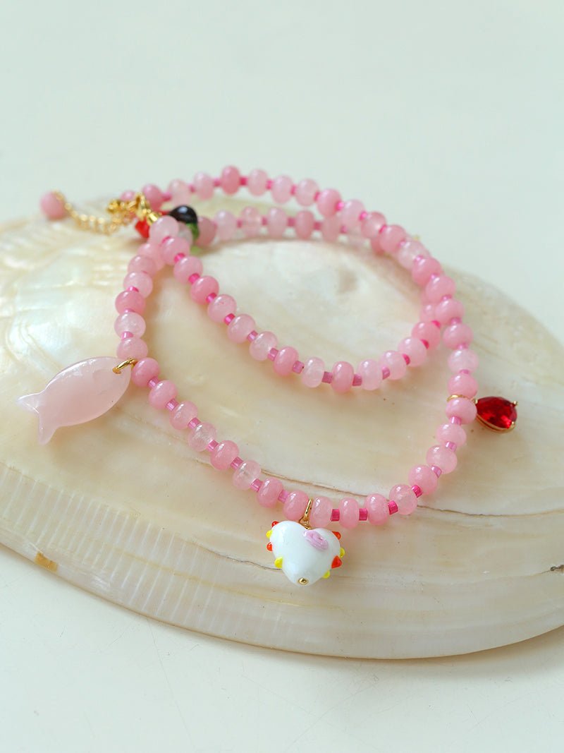 Heart Fish Pendant Pink Stone Beaded Necklace gembea jewelry