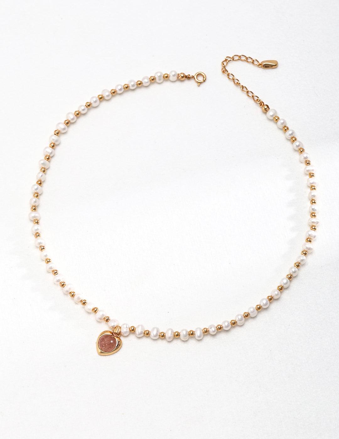 Heart Strawberry Crystal Gold Bean Pearl Necklace - Gembea Jewelry