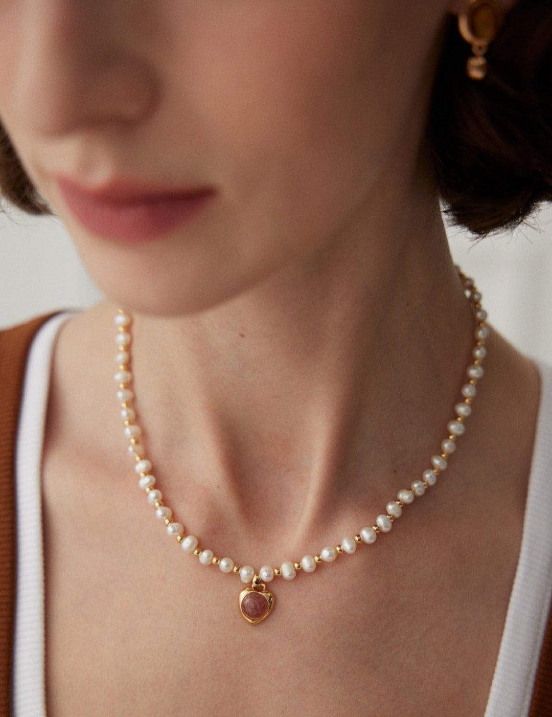 Heart Strawberry Crystal Gold Bean Pearl Necklace - Gembea Jewelry