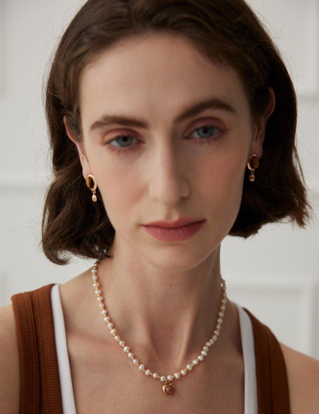 Heart Strawberry Crystal Gold Bean Pearl Necklace - Gembea Jewelry