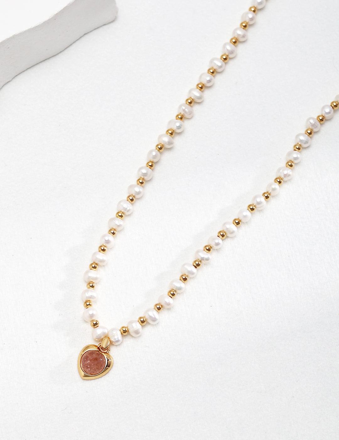 Heart Strawberry Crystal Gold Bean Pearl Necklace - Gembea Jewelry