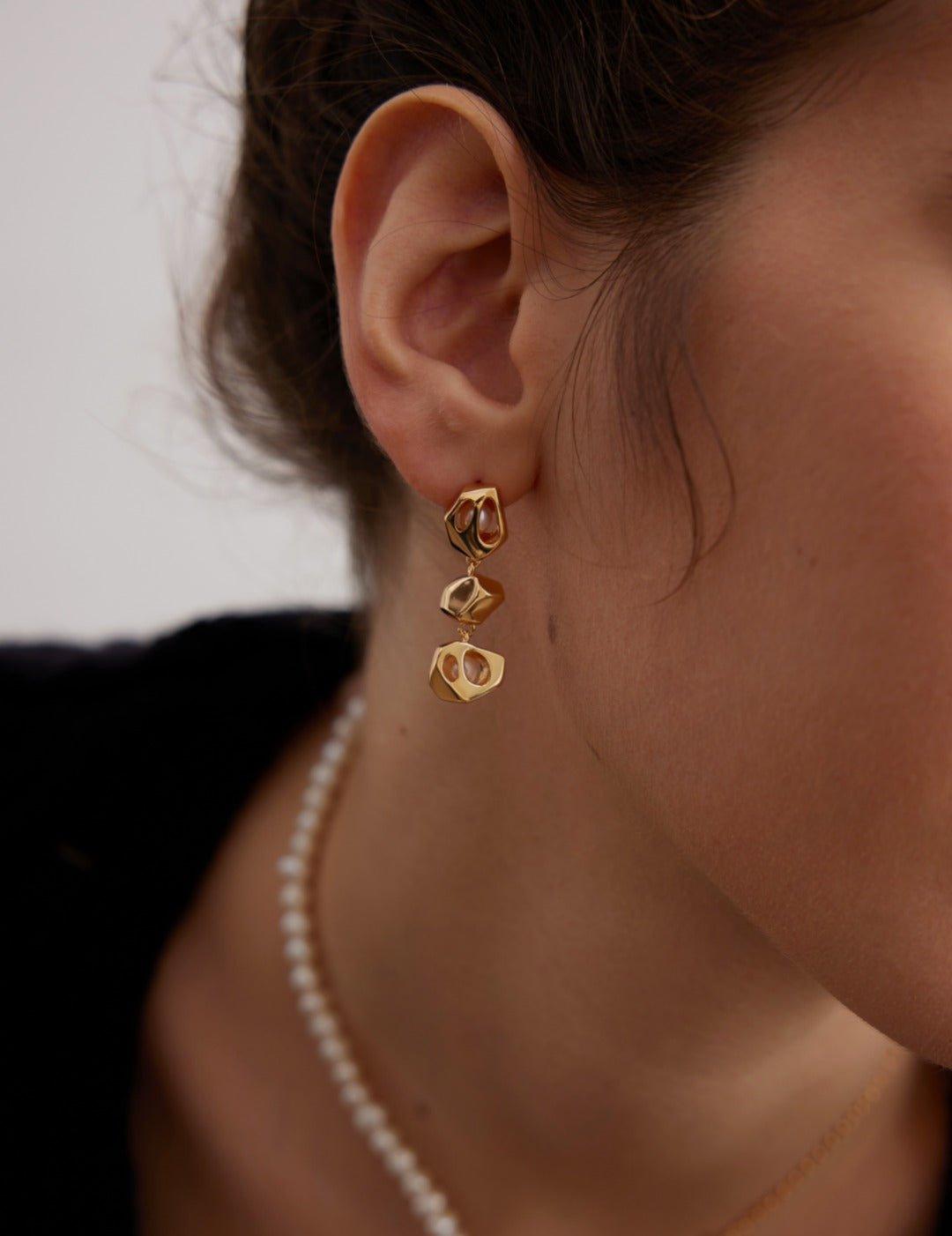 Hollow Diamond Freshwater Pearl Pendant Earrings - Gembea Jewelry