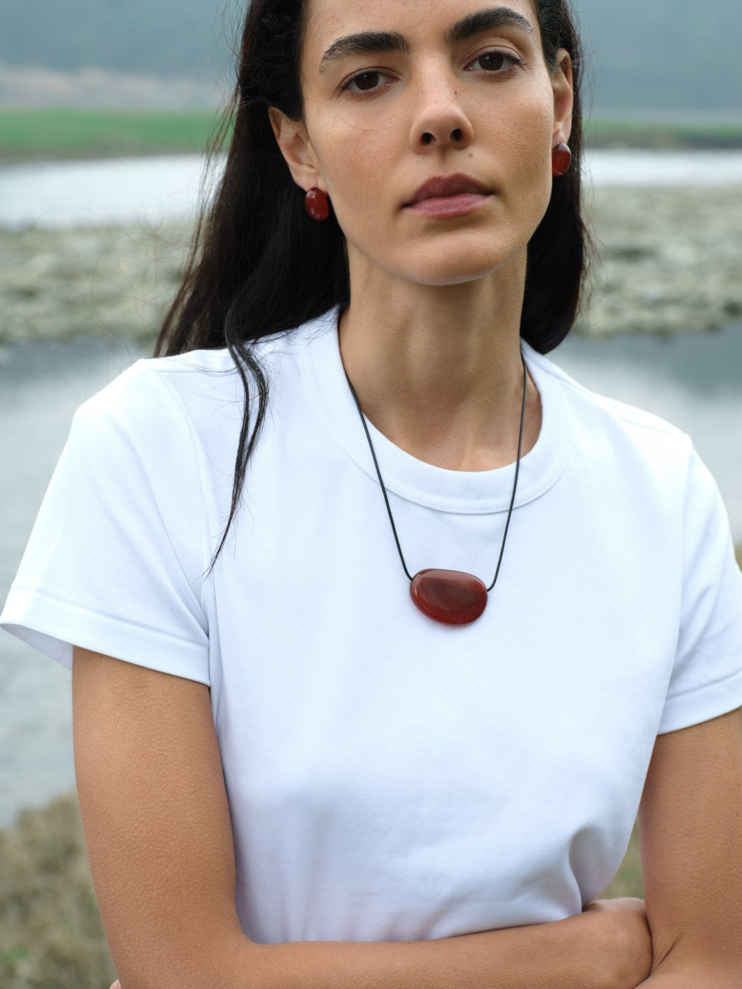 Holly Berry Red Agate Pendant Necklace gembea jewelry