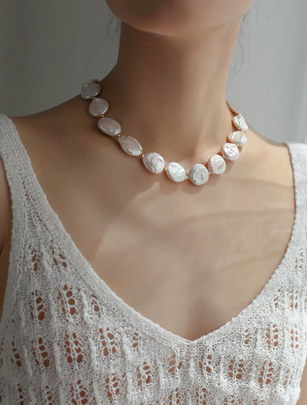 Natural Baroque Shaped Flat Pearl Necklace