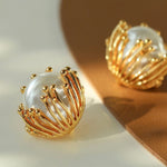 Vintage Metal Flowery Pearl Stud Earrings