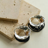 Wide Pearl Black Agate Hoop Earrings