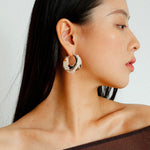 Wide Pearl Black Agate Hoop Earrings