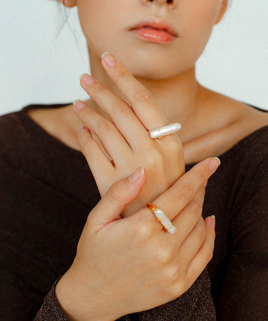 Natural Long Baroque Pearl Open Ring