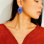 Geometric Oval Hollow Blue Enamel Earrings