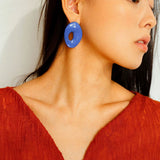 Geometric Oval Hollow Blue Enamel Earrings