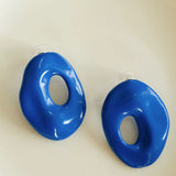 Geometric Oval Hollow Blue Enamel Earrings