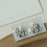 Elegant Natural Pearl Single Silver Flower Stud Earrings