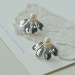 Elegant Natural Pearl Single Silver Flower Stud Earrings